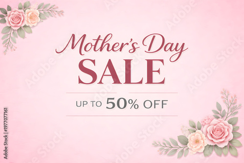 Mothers day sale banner with pink roses and floral decoration
