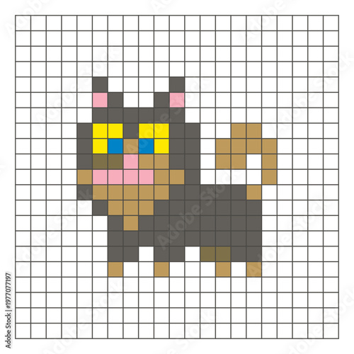 A flat pixel design made of geometric square color blocks on a clean grid layout. Pixel art dog