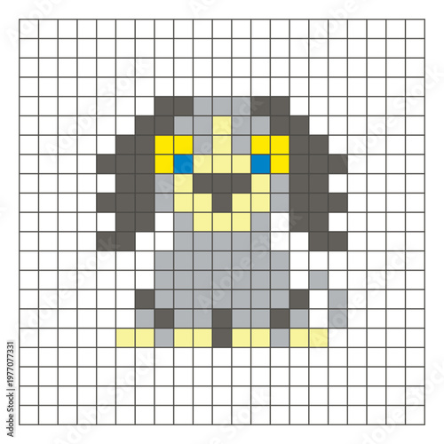 A flat pixel design made of geometric square color blocks on a clean grid layout. Pixel art dog
