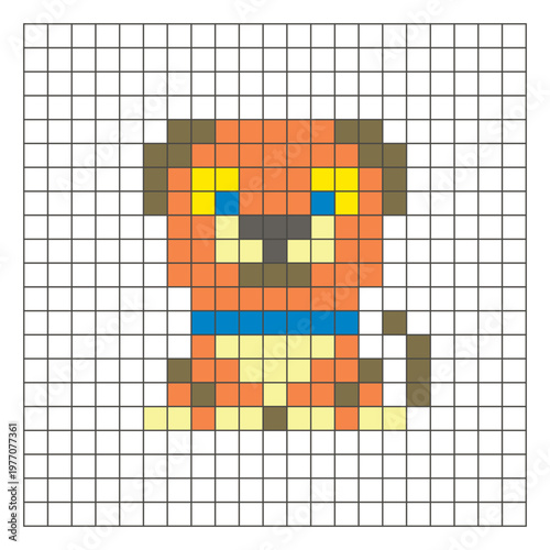 A flat pixel design made of geometric square color blocks on a clean grid layout. Pixel art dog