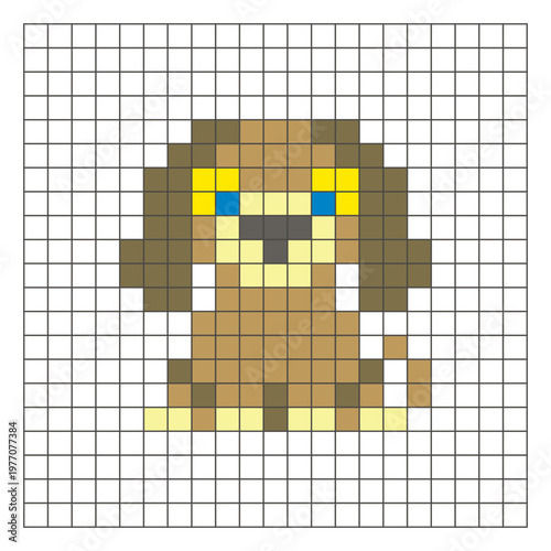 A flat pixel design made of geometric square color blocks on a clean grid layout. Pixel art dog