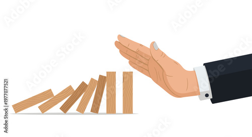 A professional hand in a dark business suit firmly stops a sequence of falling wooden domino blocks against a clean and sterile white background area.