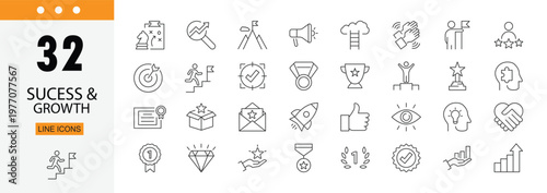 Success and growth icons set representing progress, achievement, target, performance, business development and upward growth  Editable Stroke.