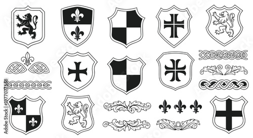 A diverse array of black and white heraldic shields featuring lions crosses and fleur de lis symbols accompanied by ornate floral dividers and borders.
