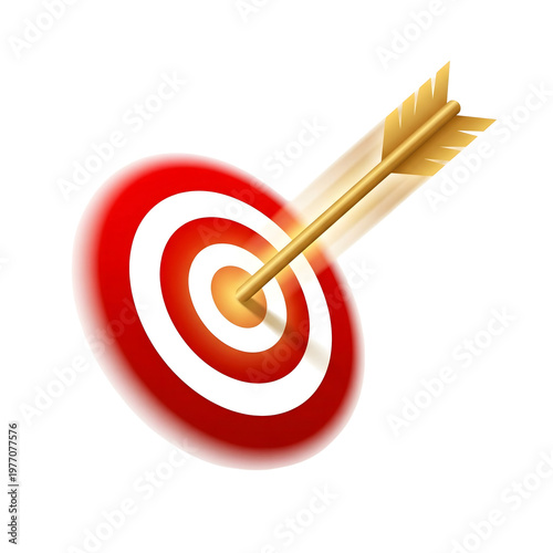 A bullseye target with a gold arrow hitting the center perfectly on a black background