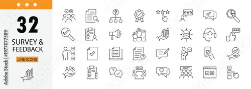 Survey and feedback icons set representing forms, ratings, reviews, customer response, data collection, evaluation and communication. Editable Stroke.