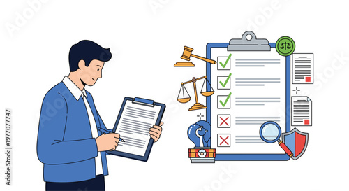 A diligent man wearing a blue casual jacket carefully records information on a clipboard while standing next to a giant legal compliance checklist graphic.