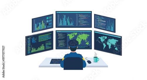 A professional security operator viewed from behind sits at a white desk facing a wall of six digital monitors showing world maps and blue graphs.