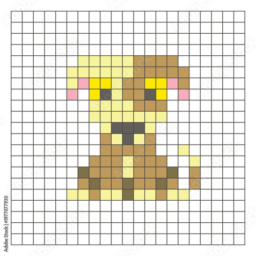 A flat pixel design made of geometric square color blocks on a clean grid layout. Pixel art dog