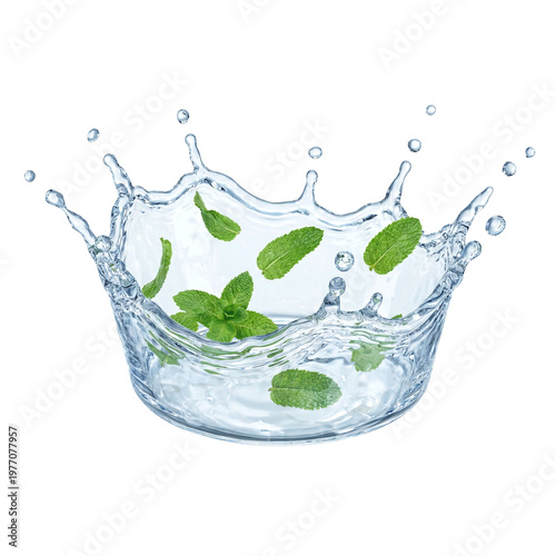 A refreshing splash of water with mint leaves on a black background