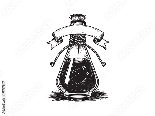 Black Magic Potion Bottle With Feathers And Ribbon Decoration Artwork