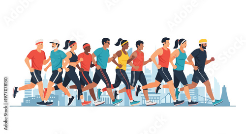 A diverse group of energetic male and female athletes runs together in a marathon past a sprawling blue urban city skyline during a bright and sunny day.