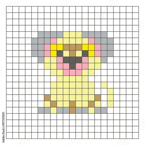 A flat pixel design made of geometric square color blocks on a clean grid layout. Pixel art dog