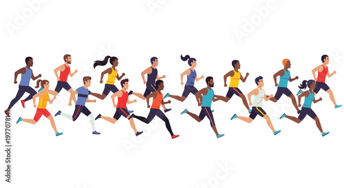 A vibrant collection of diverse male and female joggers in colorful athletic clothing sprints across a pristine white background in a dynamic horizontal composition.