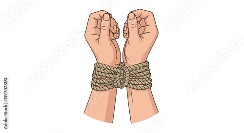 Two human hands with slightly clenched fingers are firmly secured at the wrists by a thick beige rope tied in a complex and restrictive central knot.