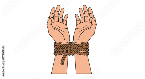 A pair of human hands with open palms facing upward is tightly bound at the wrists by multiple loops of a coarse brown textured hemp rope against a white backdrop.