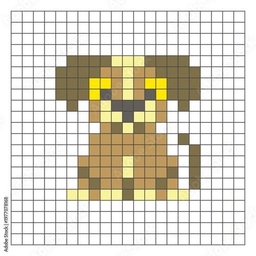 A flat pixel design made of geometric square color blocks on a clean grid layout. Pixel art dog