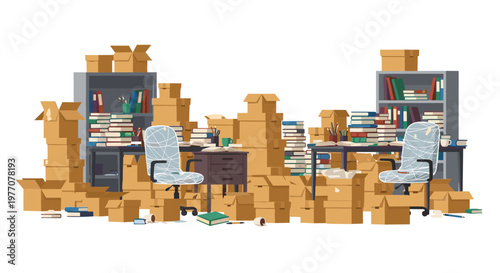 A cluttered and disorganized office environment is completely filled with massive stacks of brown cardboard boxes and piles of books on desks and shelves.