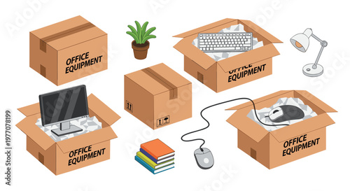 A collection of essential office equipment including a monitor and keyboard is carefully packed into sturdy brown cardboard boxes for a professional business relocation.
