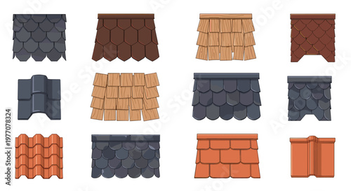 Twelve various textures of architectural roof shingles and tiles are presented in a clean grid showing diverse patterns and natural earth tone colors.