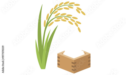 Golden rice stalk with a traditional wooden masu cup for Japanese agriculture and food industry visual representation