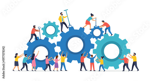 A diverse group of energetic people works together to manually operate and connect several massive blue and teal gears against a clean white backdrop.