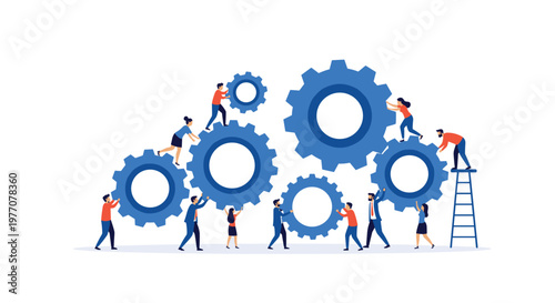 Professional business people in formal attire collaborate to assemble a complex blue gear system while one man uses a tall ladder for precise placement.