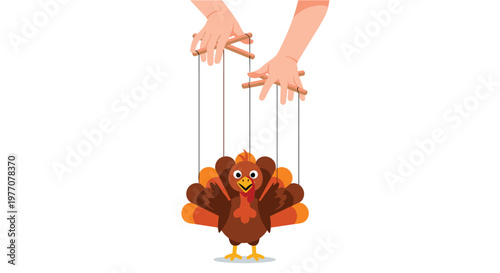 Two pale human hands expertly manipulate a festive brown turkey marionette with bright orange tail feathers using thin black strings on a white backdrop.