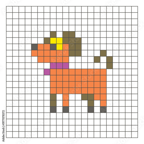 A flat pixel design made of geometric square color blocks on a clean grid layout. Pixel art dog