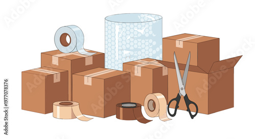 Various sturdy brown cardboard boxes are meticulously arranged with essential packing supplies including clear bubble wrap rolls and sharp metal scissors.