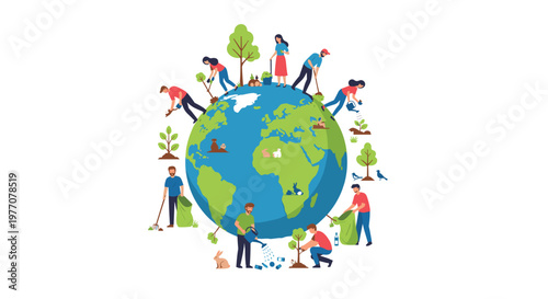 Active community of volunteers performs various ecological tasks including watering plants and gathering waste around a vibrant green and blue earth globe illustration.