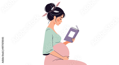 Elegant pregnant woman with dark hair styled in a bun wearing a mint green top and pink skirt reads a book in profile view against a pristine white background.