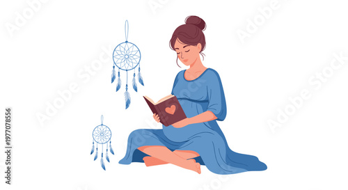 Serene pregnant woman wearing a soft blue dress sits comfortably on the floor reading a book beside delicate hanging dreamcatchers against white space.