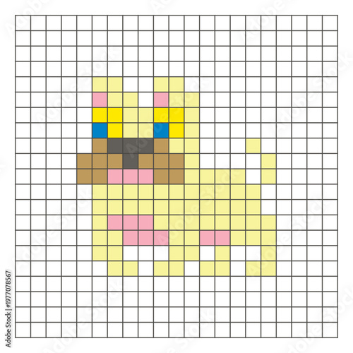 A flat pixel design made of geometric square color blocks on a clean grid layout. Pixel art dog