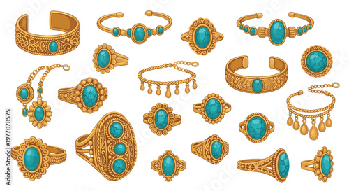 Meticulous collection of ornate gold jewelry items featuring vibrant turquoise gemstones including intricate rings and decorative bracelets displayed on a clean white background.