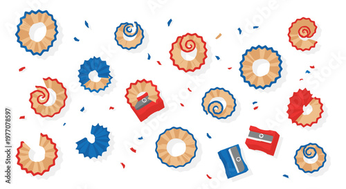 Overhead view of a playful pattern consisting of red and blue pencil sharpeners and numerous curled wooden shavings scattered across a white background.