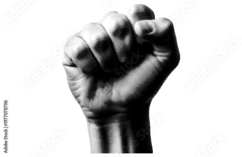 Half Tone Raised Fist Symbol of Power and Protest – Black and White Hand Gesture