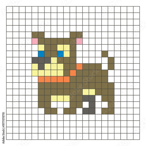 A flat pixel design made of geometric square color blocks on a clean grid layout. Pixel art dog