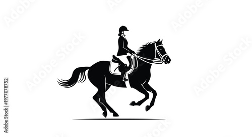 A striking black silhouette depicts a professional female rider in full equestrian attire galloping swiftly on a powerful horse across a white minimalist space.