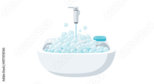 A pristine white ceramic bathroom sink is completely filled with a large mound of iridescent blue soap bubbles under a modern silver faucet with a soap bar.