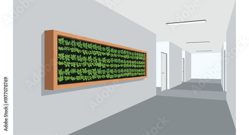 A vibrant green vertical garden in a minimalist wooden frame adorns the sleek grey wall of a modern office hallway under bright fluorescent lighting.