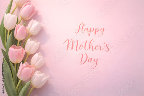 Happy mothers day greeting card with beautiful pink tulips on pink background