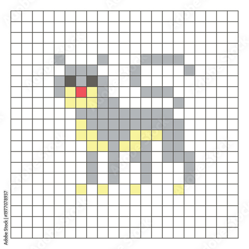 A flat pixel design made of geometric square color blocks on a clean grid layout. Pixel art jaguar