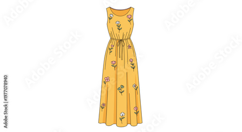 A charming sleeveless yellow maxi dress displays a scattered pattern of pink and white illustrated flowers with a cinched drawstring waist and skirt on a clean white background.