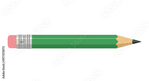 This vibrant green hexagonal pencil displays a finely sharpened graphite point and a clean pink eraser while resting on a bright white surface today.