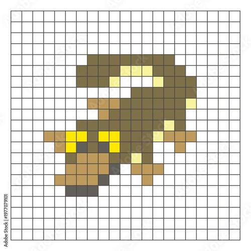 A flat pixel design made of geometric square color blocks on a clean grid layout. Pixel art platypus