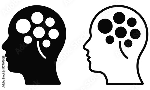 Human head profile silhouettes containing varied circular node clusters representing neural mapping and cognitive processing visualization concepts