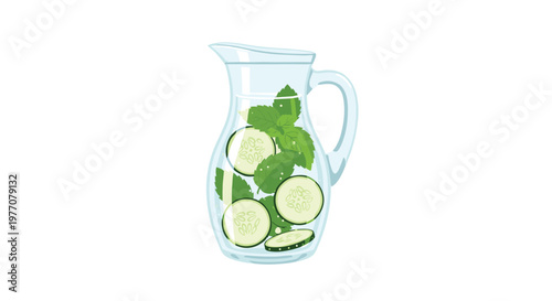 A refreshing glass pitcher filled with chilled detox water containing crisp green cucumber slices and aromatic mint leaves stands against a white background.