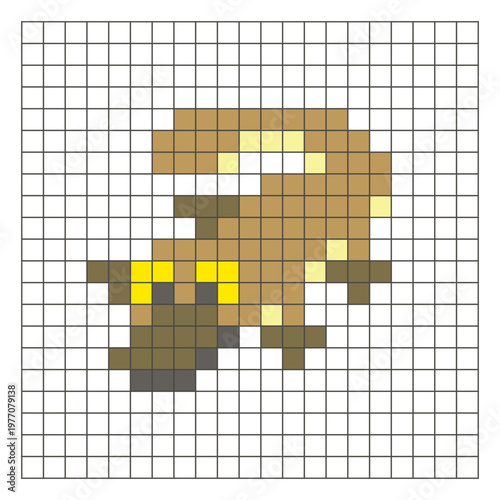 A flat pixel design made of geometric square color blocks on a clean grid layout. Pixel art platypus