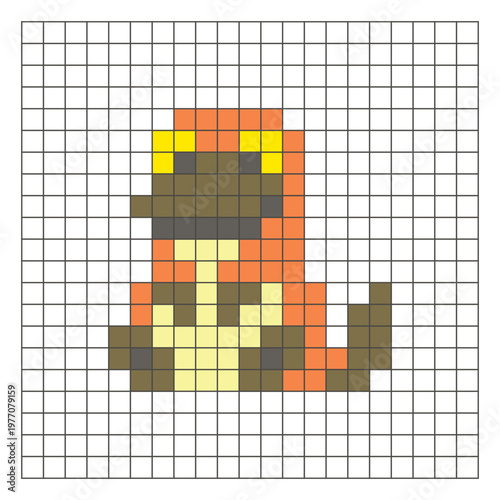 A flat pixel design made of geometric square color blocks on a clean grid layout. Pixel art platypus